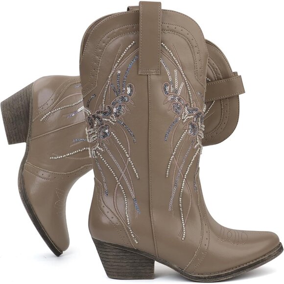 Women's Khaki Mid Calf Western Pointed Toe Embroidered Chunky Heel Cowgirl Boots - Picture 6 of 6